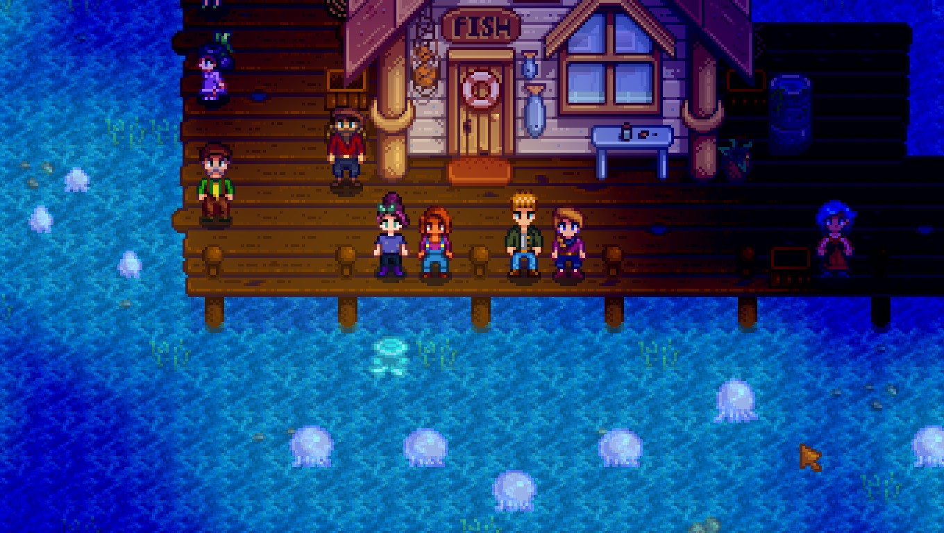 Characters from Stardew Valley standing together on the game's dock.