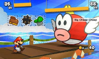 Mario battling a Big Cheep Cheep in Sticker Star.