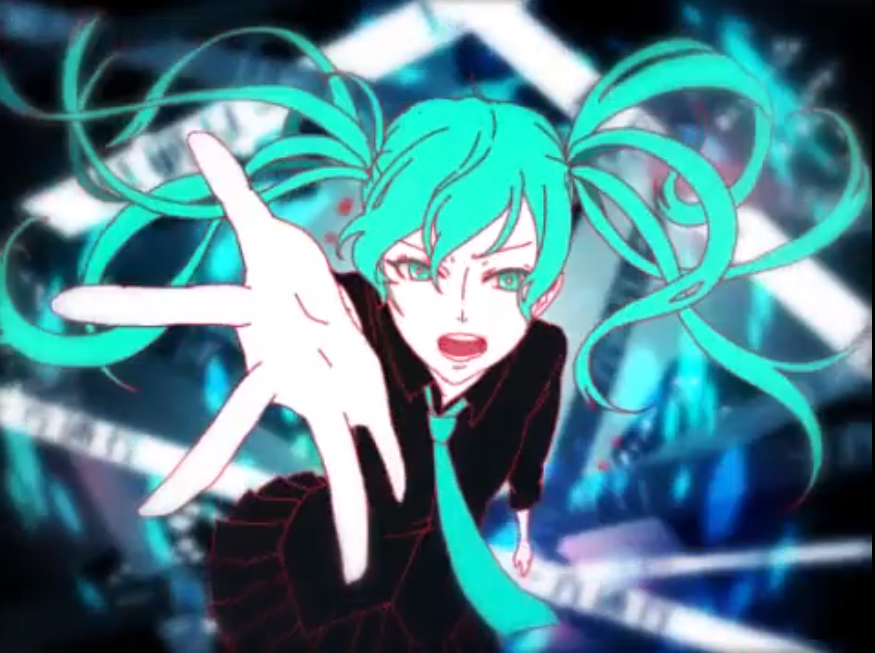 Vocaloid Hatsune Miku reaching towards the camera in a still from World's End Dance Hall.